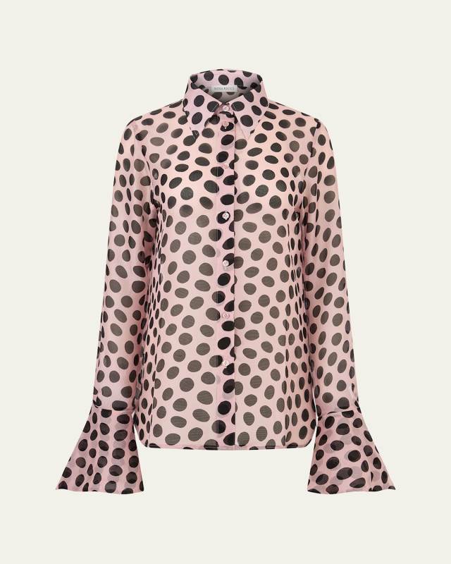Seersucker Polka Dot Bell Cuff Blouse